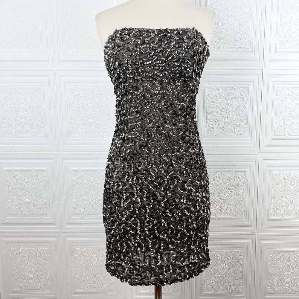 Alice & Olivia Strapless Sequin Mesh Mini Dress 2 - Picture 1 of 10